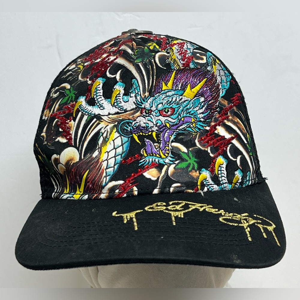 Ed Hardy Trucker Hat Cap Snapback Black, Dragon, Studded Bling Embroidered